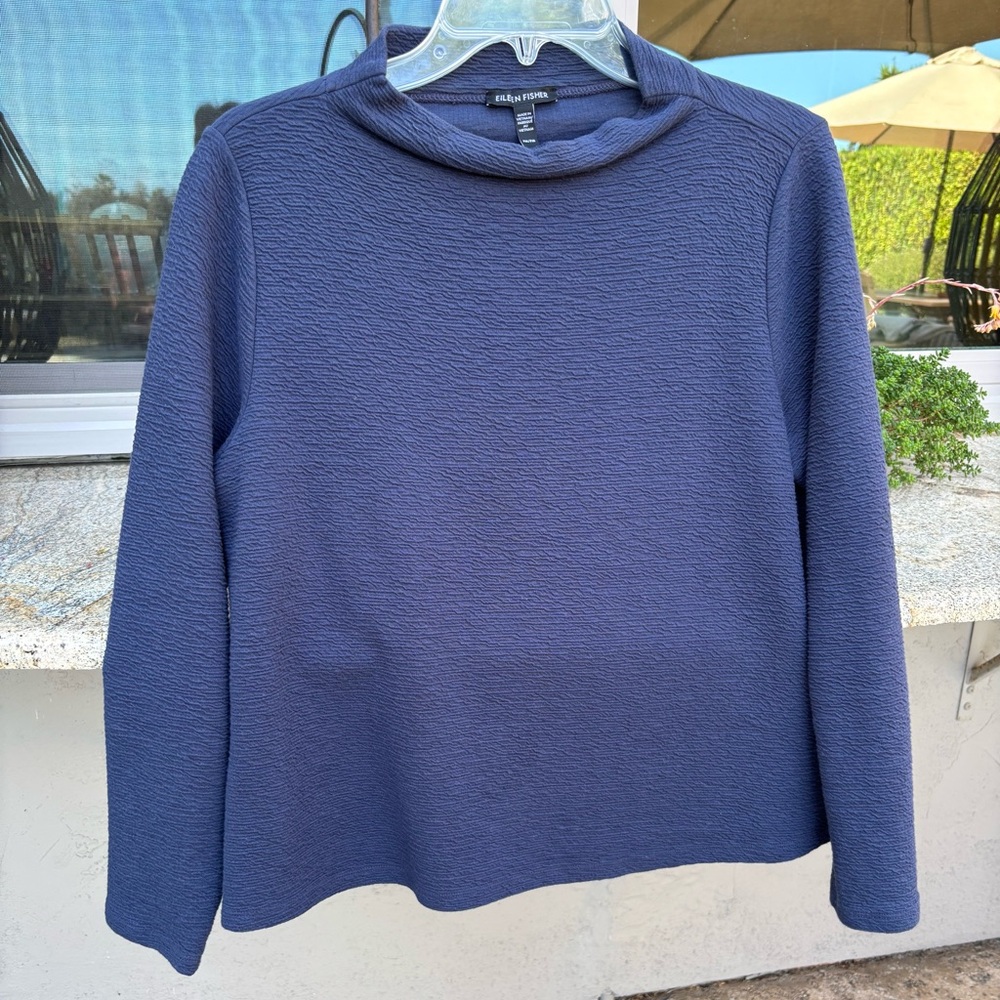 Eileen Fisher Navy Mock Neck Textured Top